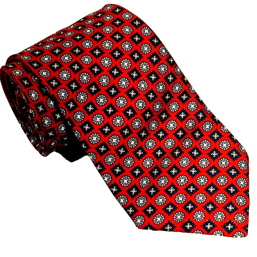 Benjamin James Tie English Silk Floral Medallion Red Classic Preppy Academia Y2K
